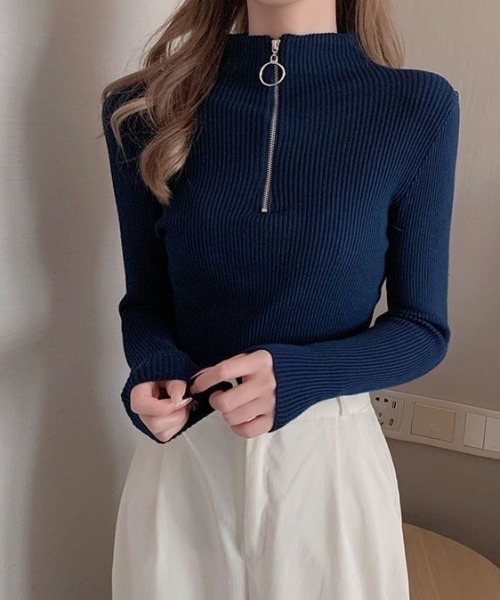 Beststore（ベストストア）の「【秋冬】リブタイトニット モックネックリングハーフジップ付き ジャストサイズ（ニット/セーター・レディース・ブラック/ホワイト/グレー/パープル/ネイビー/ベージュ/レッド/ピンク/グリーン/ブラウン/ライトベージュ/ブルー・FREE）」の9枚目の写真