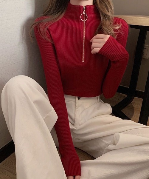 Beststore（ベストストア）の「【秋冬】リブタイトニット モックネックリングハーフジップ付き ジャストサイズ（ニット/セーター・レディース・ブラック/ホワイト/グレー/パープル/ネイビー/ベージュ/レッド/ピンク/グリーン/ブラウン/ライトベージュ/ブルー・FREE）」の12枚目の写真