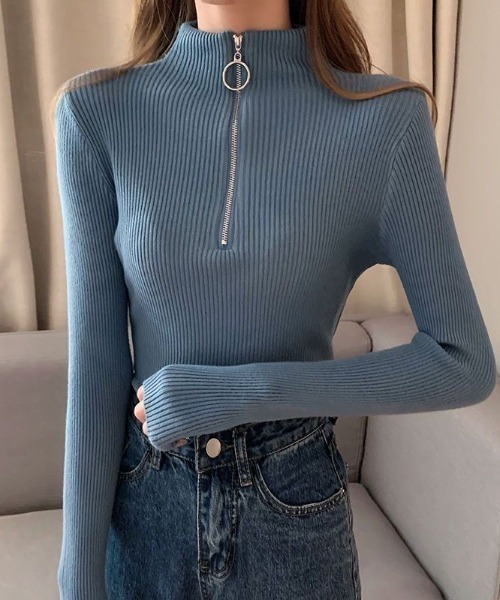 Beststore（ベストストア）の「【秋冬】リブタイトニット モックネックリングハーフジップ付き ジャストサイズ（ニット/セーター・レディース・ブラック/ホワイト/グレー/パープル/ネイビー/ベージュ/レッド/ピンク/グリーン/ブラウン/ライトベージュ/ブルー・FREE）」の10枚目の写真
