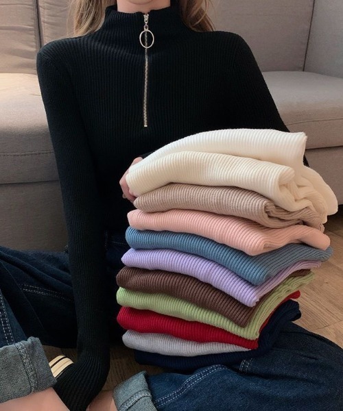 Beststore（ベストストア）の「【秋冬】リブタイトニット モックネックリングハーフジップ付き ジャストサイズ（ニット/セーター・レディース・ブラック/ホワイト/グレー/パープル/ネイビー/ベージュ/レッド/ピンク/グリーン/ブラウン/ライトベージュ/ブルー・FREE）」の13枚目の写真
