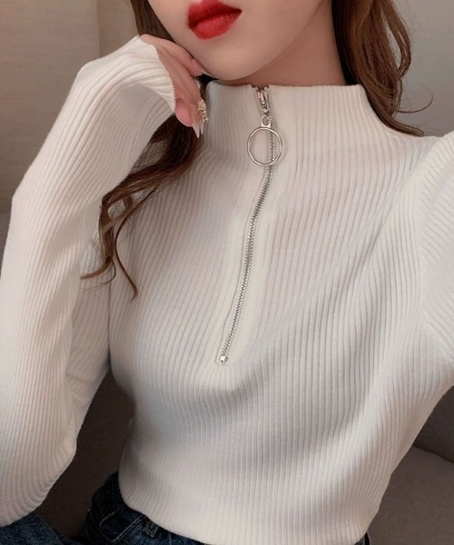 Beststore（ベストストア）の「【秋冬】リブタイトニット モックネックリングハーフジップ付き ジャストサイズ（ニット/セーター・レディース・ブラック/ホワイト/グレー/パープル/ネイビー/ベージュ/レッド/ピンク/グリーン/ブラウン/ライトベージュ/ブルー・FREE）」の18枚目の写真