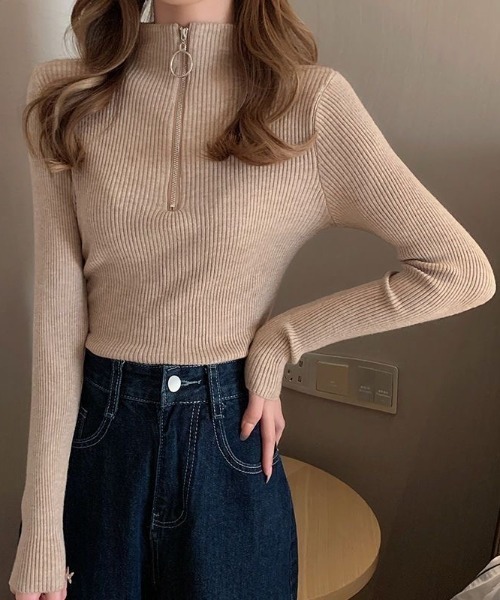 Beststore（ベストストア）の「【秋冬】リブタイトニット モックネックリングハーフジップ付き ジャストサイズ（ニット/セーター・レディース・ブラック/ホワイト/グレー/パープル/ネイビー/ベージュ/レッド/ピンク/グリーン/ブラウン/ライトベージュ/ブルー・FREE）」の22枚目の写真