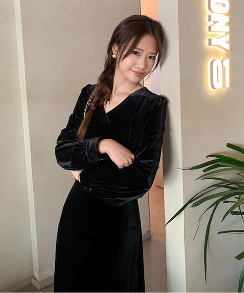 セール】ベルベットVネックロングドレス（ワンピース）｜AsheKsha