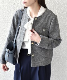 ノーカラージャケット（グレー/灰色系・ツイード）ファッション通販
