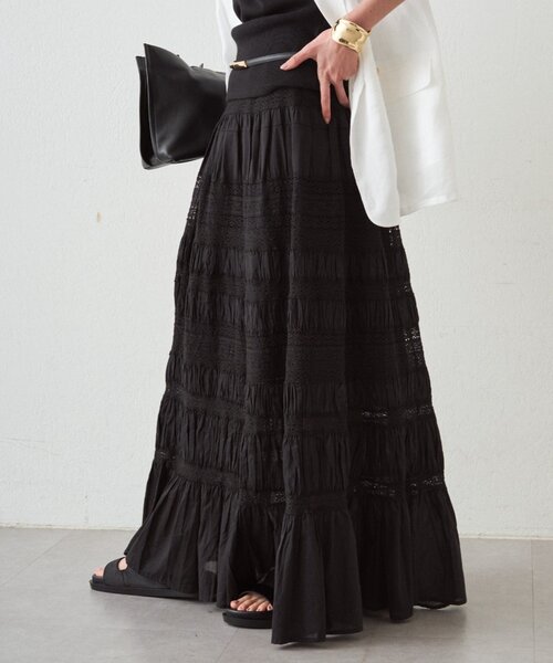 今季　Loungedress　ギャザーティアードレーススカート　ブラック LOUNGEDRESS（ラウンジドレス）の「【INDIA】ギャザーティアードレース