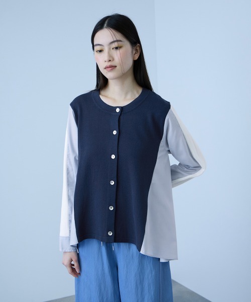 VICKY（ビッキー）の「異素材切替クルーネックニットカーディガン≪手洗い可能≫（カーディガン/ボレロ・レディース・オフホワイト/ネイビー・M）」の2枚目の写真