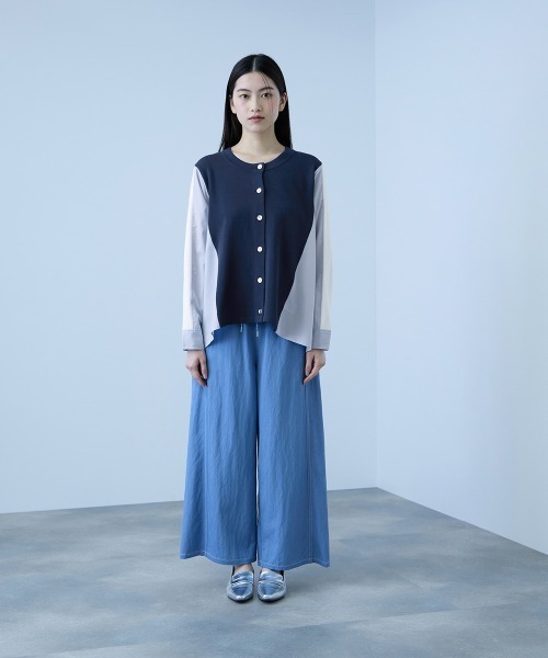 VICKY（ビッキー）の「異素材切替クルーネックニットカーディガン≪手洗い可能≫（カーディガン/ボレロ・レディース・オフホワイト/ネイビー・M）」の4枚目の写真