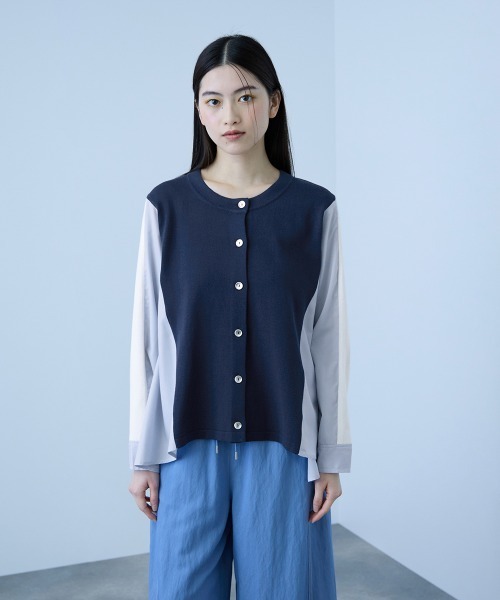 VICKY（ビッキー）の「異素材切替クルーネックニットカーディガン≪手洗い可能≫（カーディガン/ボレロ・レディース・オフホワイト/ネイビー・M）」の5枚目の写真