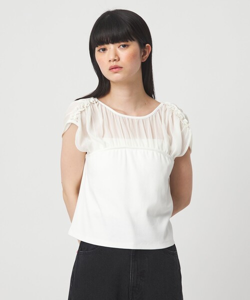EMMEL REFINES(エメルリファインズ)の「<EMMEL REFINES>EM ヨウリュウ カタフリル ドッキング Tシャツ(Tシャツ/カットソー・レディース・ブラック/オフホワイト・FREE)」の1枚目の写真