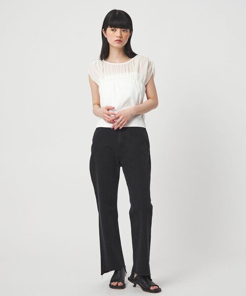 EMMEL REFINES(エメルリファインズ)の「<EMMEL REFINES>EM ヨウリュウ カタフリル ドッキング Tシャツ(Tシャツ/カットソー・レディース・ブラック/オフホワイト・FREE)」の4枚目の写真