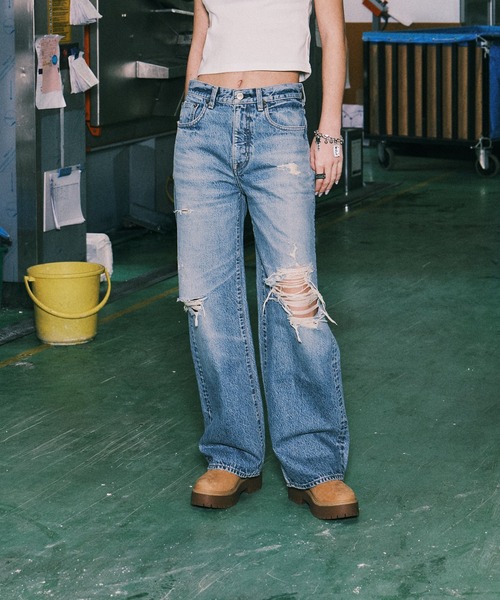 X-girl（エックスガール）の「WIDE LEG DENIM PANTS（デニムパンツ・レディース・ライトインディゴブルー・S/M）」の3枚目の写真