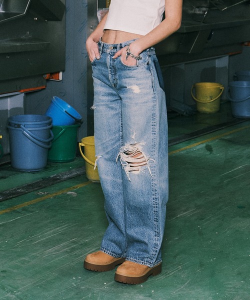 X-girl（エックスガール）の「WIDE LEG DENIM PANTS（デニムパンツ・レディース・ライトインディゴブルー・S/M）」の4枚目の写真