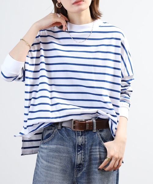 FUNALIVE（ファンアライブ）の「エンザイム加工ボーダースクエア長袖プルオーバー（Tシャツ/カットソー・レディース・ホワイト×ブルー/ブラック×ホワイト/グリーン/ダークネイビー・M-L）」の2枚目の写真
