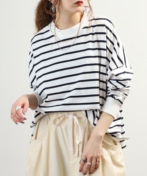 FUNALIVE（ファンアライブ）の「エンザイム加工ボーダースクエア長袖プルオーバー（Tシャツ/カットソー・レディース・ホワイト×ブルー/ブラック×ホワイト/グリーン/ダークネイビー・M-L）」の6枚目の写真