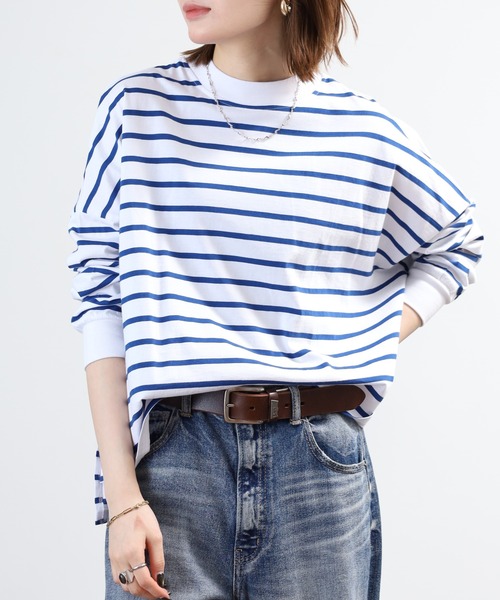 FUNALIVE（ファンアライブ）の「エンザイム加工ボーダースクエア長袖プルオーバー（Tシャツ/カットソー・レディース・ホワイト×ブルー/ブラック×ホワイト/グリーン/ダークネイビー・M-L）」の20枚目の写真