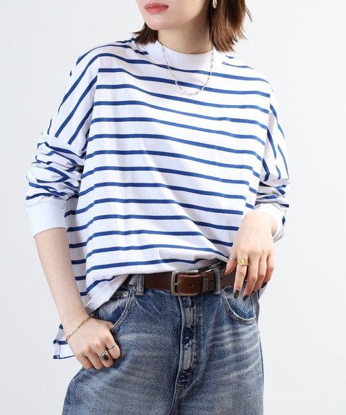 FUNALIVE（ファンアライブ）の「エンザイム加工ボーダースクエア長袖プルオーバー（Tシャツ/カットソー・レディース・ホワイト×ブルー/ブラック×ホワイト/グリーン/ダークネイビー・M-L）」の21枚目の写真