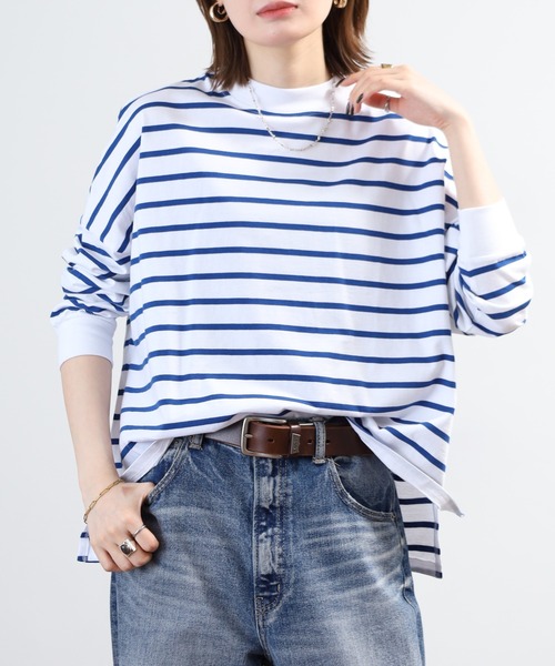 FUNALIVE（ファンアライブ）の「エンザイム加工ボーダースクエア長袖プルオーバー（Tシャツ/カットソー・レディース・ホワイト×ブルー/ブラック×ホワイト/グリーン/ダークネイビー・M-L）」の22枚目の写真