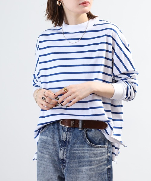 FUNALIVE（ファンアライブ）の「エンザイム加工ボーダースクエア長袖プルオーバー（Tシャツ/カットソー・レディース・ホワイト×ブルー/ブラック×ホワイト/グリーン/ダークネイビー・M-L）」の19枚目の写真