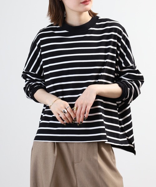 FUNALIVE（ファンアライブ）の「エンザイム加工ボーダースクエア長袖プルオーバー（Tシャツ/カットソー・レディース・ホワイト×ブルー/ブラック×ホワイト/グリーン/ダークネイビー・M-L）」の14枚目の写真