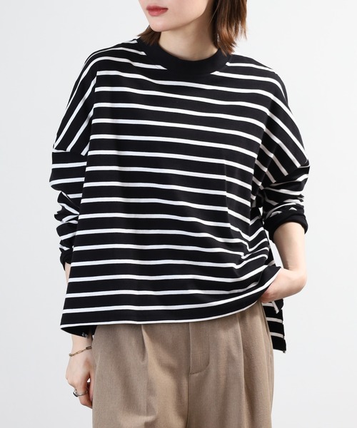 FUNALIVE（ファンアライブ）の「エンザイム加工ボーダースクエア長袖プルオーバー（Tシャツ/カットソー・レディース・ホワイト×ブルー/ブラック×ホワイト/グリーン/ダークネイビー・M-L）」の16枚目の写真