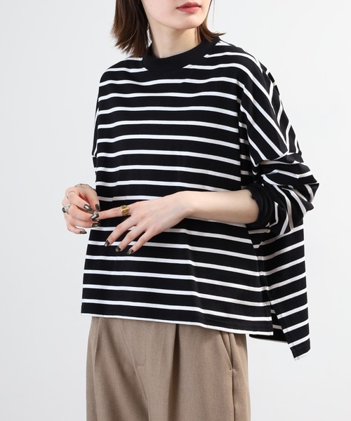 FUNALIVE（ファンアライブ）の「エンザイム加工ボーダースクエア長袖プルオーバー（Tシャツ/カットソー・レディース・ホワイト×ブルー/ブラック×ホワイト/グリーン/ダークネイビー・M-L）」の12枚目の写真