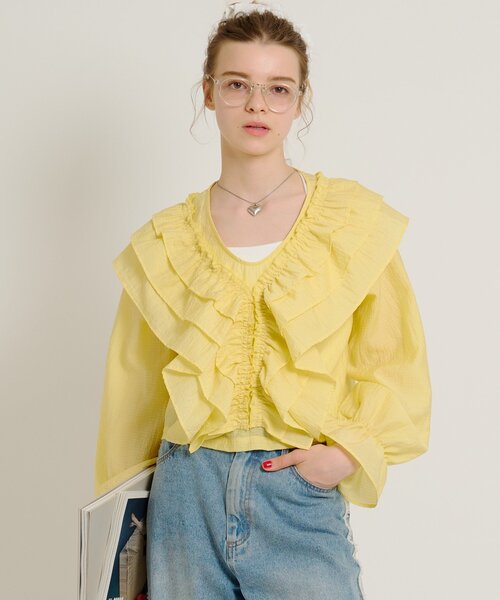w closet(ダブルクローゼット)の「【6色展開】2wayフリルブラウス シアーシャツ(シャツ/ブラウス・レディース・ブルー/オフホワイト/ブラック/アイボリー/イエロー/ブラック系その他・FREE)」の12枚目の写真