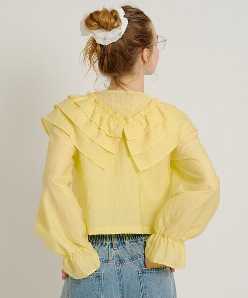 w closet(ダブルクローゼット)の「【6色展開】2wayフリルブラウス シアーシャツ(シャツ/ブラウス・レディース・ブルー/オフホワイト/ブラック/アイボリー/イエロー/ブラック系その他・FREE)」の9枚目の写真