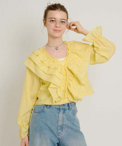 w closet(ダブルクローゼット)の「【6色展開】2wayフリルブラウス シアーシャツ(シャツ/ブラウス・レディース・ブルー/オフホワイト/ブラック/アイボリー/イエロー/ブラック系その他・FREE)」の8枚目の写真