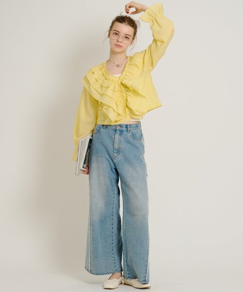 w closet(ダブルクローゼット)の「【6色展開】2wayフリルブラウス シアーシャツ(シャツ/ブラウス・レディース・ブルー/オフホワイト/ブラック/アイボリー/イエロー/ブラック系その他・FREE)」の7枚目の写真