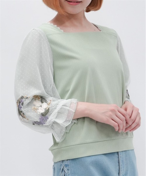 axes femme(アクシーズファム)の「チューリップ刺繍七分袖プルオーバー(Tシャツ/カットソー・レディース・キナリ/ネイビー/グリーン・FREE)」の2枚目の写真