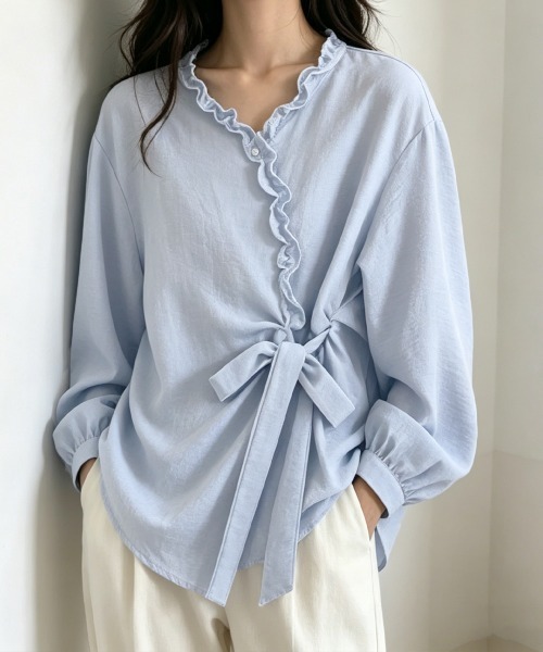 Miniministore(ミニミニストア)の「ギンガムチェックブラウス ウエストリボン(シャツ/ブラウス・レディース・チェック/ライトブルー・M/L)」の1枚目の写真