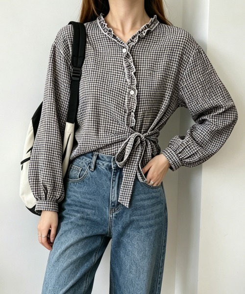 Miniministore(ミニミニストア)の「ギンガムチェックブラウス ウエストリボン(シャツ/ブラウス・レディース・チェック/ライトブルー・M/L)」の3枚目の写真