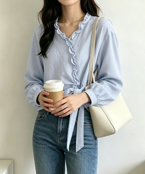 Miniministore(ミニミニストア)の「ギンガムチェックブラウス ウエストリボン(シャツ/ブラウス・レディース・チェック/ライトブルー・M/L)」の6枚目の写真