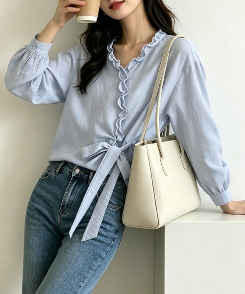 Miniministore(ミニミニストア)の「ギンガムチェックブラウス ウエストリボン(シャツ/ブラウス・レディース・チェック/ライトブルー・M/L)」の7枚目の写真