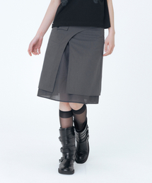 Side sheer layered midi wrap skirt CHARCOAL
