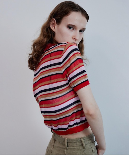 MAISON SPECIAL(メゾンスペシャル)の「Sheer Border Knit Polo/シアーボーダーニットポロ(ポロシャツ・レディース・ブラック/ブルー/レッド・FREE)」の4枚目の写真