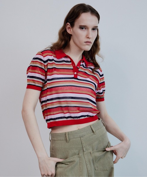MAISON SPECIAL(メゾンスペシャル)の「Sheer Border Knit Polo/シアーボーダーニットポロ(ポロシャツ・レディース・ブラック/ブルー/レッド・FREE)」の5枚目の写真