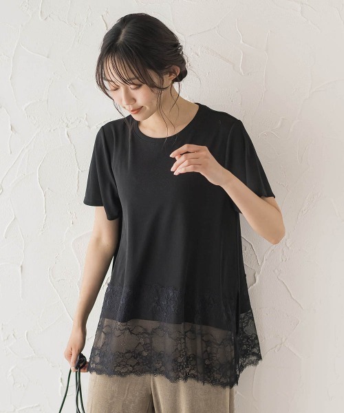 Droite lautreamont（ドロワットロートレアモン）の「レースコンビ半袖リブカットソー（Tシャツ/カットソー・レディース・オフホワイト/ブラック・M）」の2枚目の写真