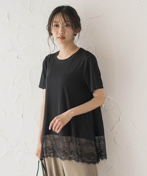 Droite lautreamont（ドロワットロートレアモン）の「レースコンビ半袖リブカットソー（Tシャツ/カットソー・レディース・オフホワイト/ブラック・M）」の3枚目の写真