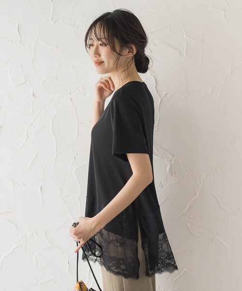 Droite lautreamont（ドロワットロートレアモン）の「レースコンビ半袖リブカットソー（Tシャツ/カットソー・レディース・オフホワイト/ブラック・M）」の4枚目の写真