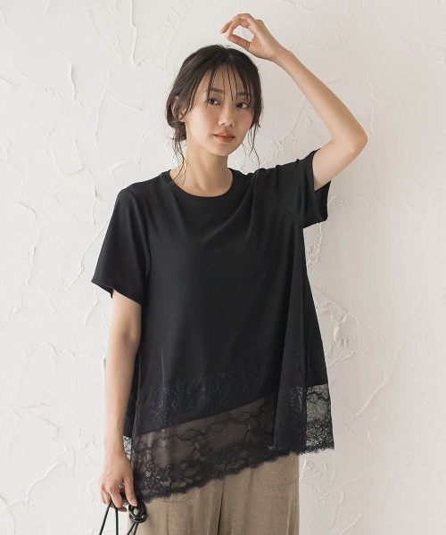 Droite lautreamont（ドロワットロートレアモン）の「レースコンビ半袖リブカットソー（Tシャツ/カットソー・レディース・オフホワイト/ブラック・M）」の6枚目の写真