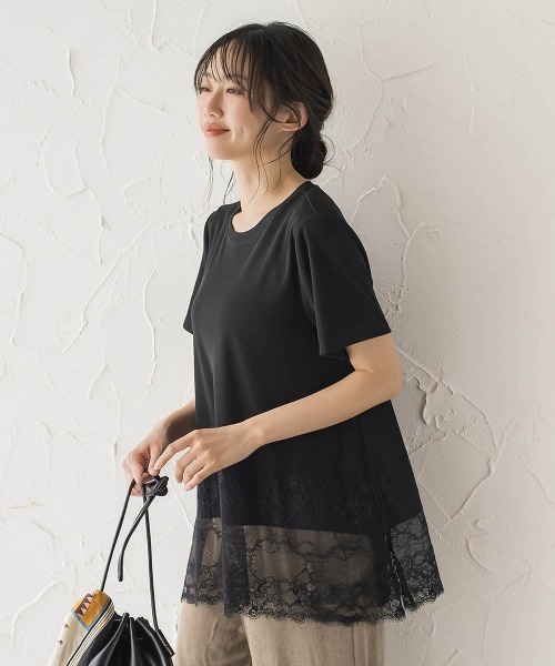 Droite lautreamont（ドロワットロートレアモン）の「レースコンビ半袖リブカットソー（Tシャツ/カットソー・レディース・オフホワイト/ブラック・M）」の7枚目の写真