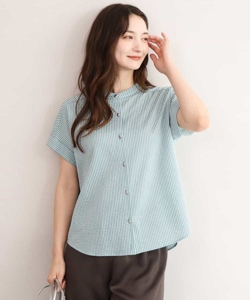 MK MICHEL KLEIN（エムケーミッシェルクラン）の「[接触冷感/洗える]バンドカラーストライプ柄カットソー（Tシャツ/カットソー・レディース・グリーン/ネイビー/ライトブルー・38）」の2枚目の写真