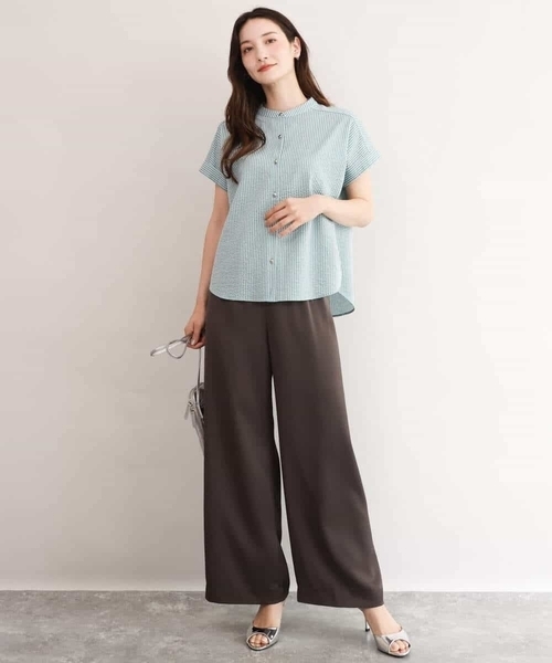MK MICHEL KLEIN（エムケーミッシェルクラン）の「[接触冷感/洗える]バンドカラーストライプ柄カットソー（Tシャツ/カットソー・レディース・グリーン/ネイビー/ライトブルー・38）」の7枚目の写真