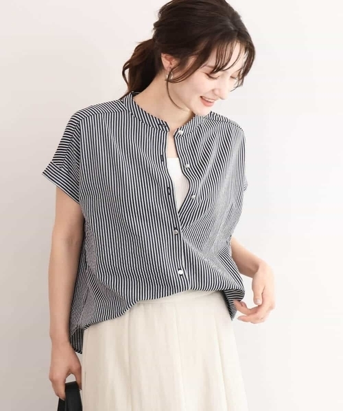MK MICHEL KLEIN（エムケーミッシェルクラン）の「[接触冷感/洗える]バンドカラーストライプ柄カットソー（Tシャツ/カットソー・レディース・グリーン/ネイビー/ライトブルー・38）」の9枚目の写真