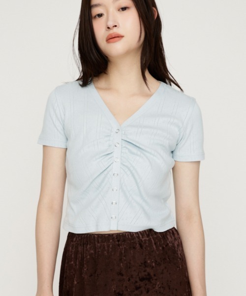 SLY(スライ)の「GATHER EYELET V/N CD ギャザーアイレットブイネックカーデ 夏服 秋服(カーディガン/ボレロ・レディース・ブラック/ホワイト/ライトブルー・FREE)」の3枚目の写真