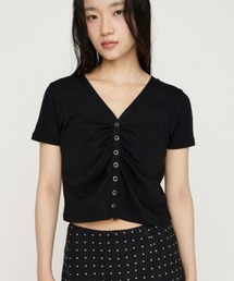 GATHER EYELET V/N CD ギャザーアイレットブイネックカーデ 夏服 秋服