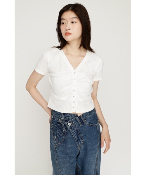 SLY(スライ)の「GATHER EYELET V/N CD ギャザーアイレットブイネックカーデ 夏服 秋服(カーディガン/ボレロ・レディース・ブラック/ホワイト/ライトブルー・FREE)」の20枚目の写真