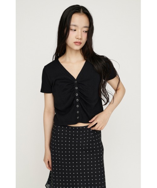 SLY(スライ)の「GATHER EYELET V/N CD ギャザーアイレットブイネックカーデ 夏服 秋服(カーディガン/ボレロ・レディース・ブラック/ホワイト/ライトブルー・FREE)」の5枚目の写真
