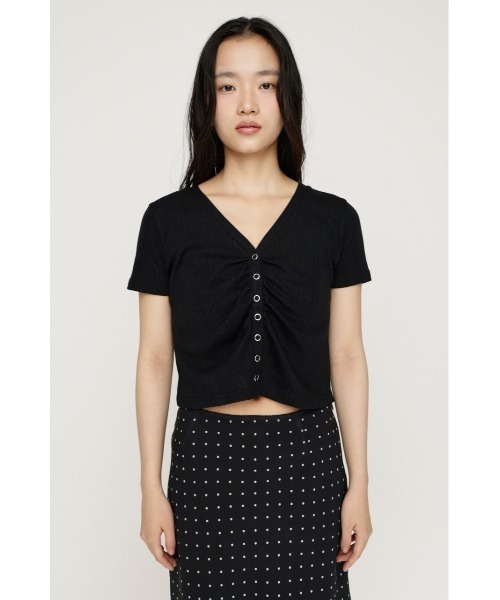 SLY(スライ)の「GATHER EYELET V/N CD ギャザーアイレットブイネックカーデ 夏服 秋服(カーディガン/ボレロ・レディース・ブラック/ホワイト/ライトブルー・FREE)」の6枚目の写真